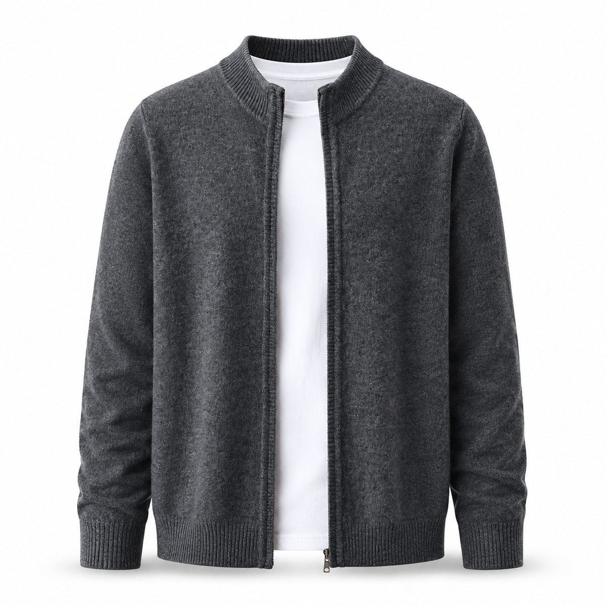 Fine-Knit Zip Wool Cardigan – Charcoal
