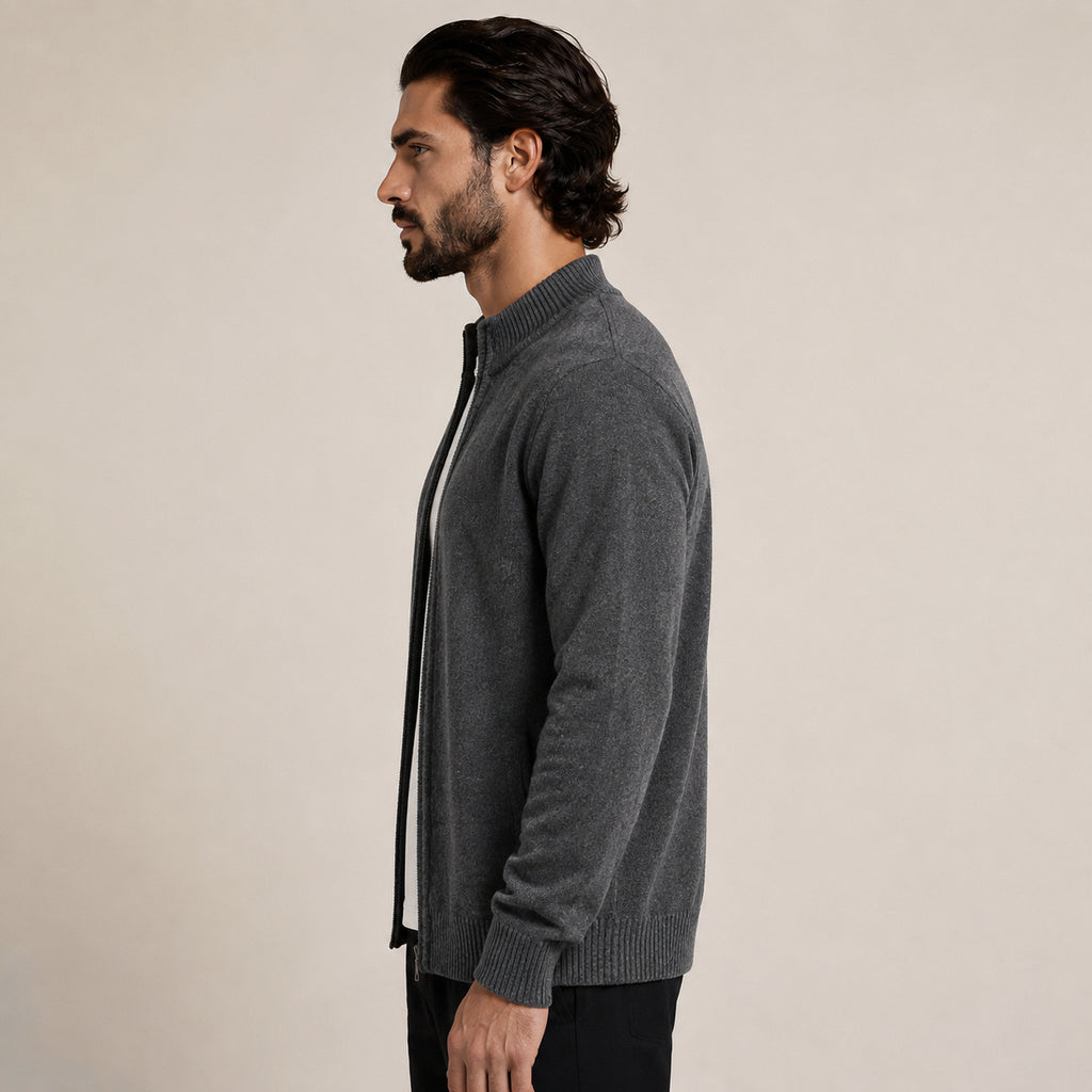 Fine-Knit Zip Wool Cardigan – Charcoal