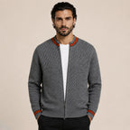 Contrast Textured Zip Wool Cardigan – Charcoal & Orange