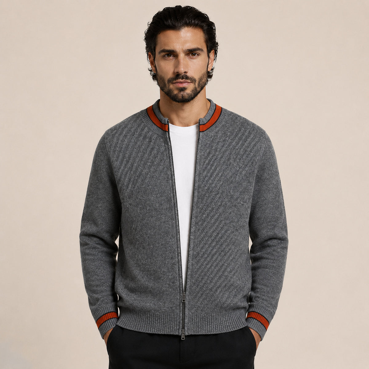 Contrast Textured Zip Wool Cardigan – Charcoal & Orange