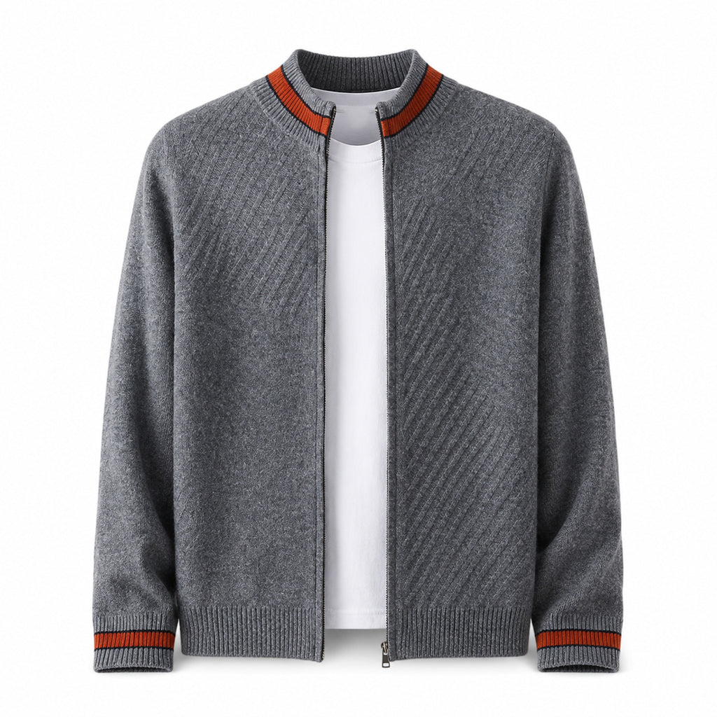 Contrast Textured Zip Wool Cardigan – Charcoal & Orange