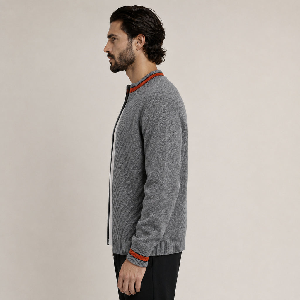 Contrast Textured Zip Wool Cardigan – Charcoal & Orange