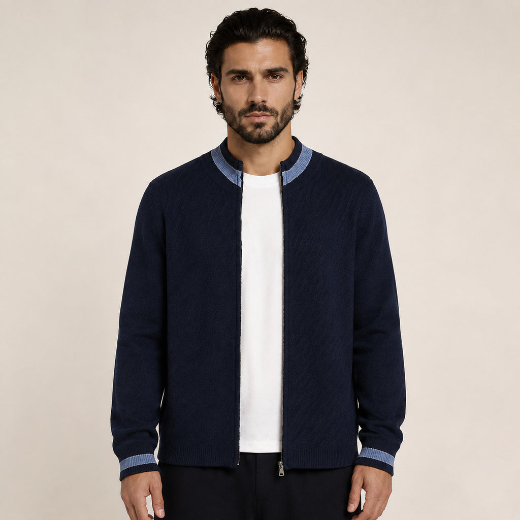 Contrast Textured Zip Wool Cardigan – Sage & Blue