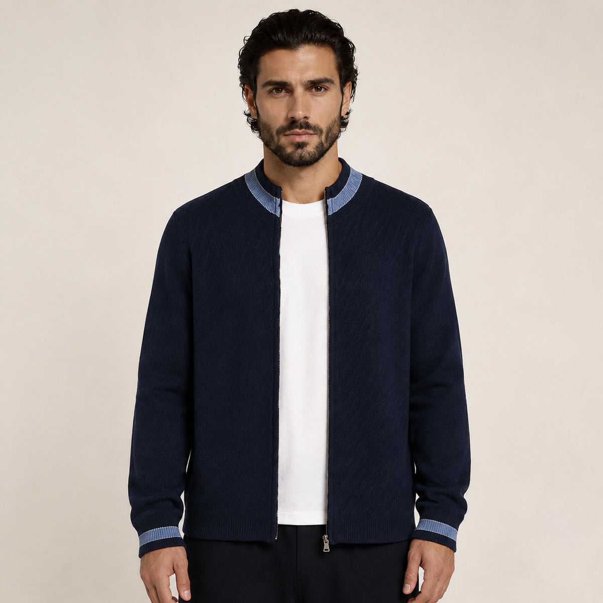 Contrast Textured Zip Wool Cardigan – Sage & Blue