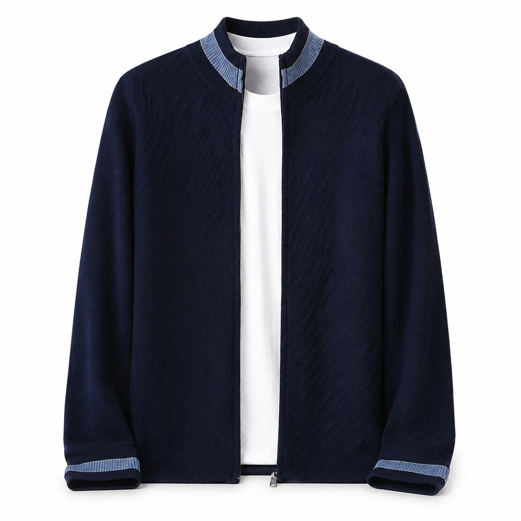 Contrast Textured Zip Wool Cardigan – Sage & Blue