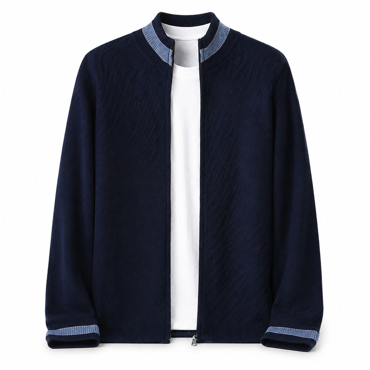 Contrast Textured Zip Wool Cardigan – Sage & Blue