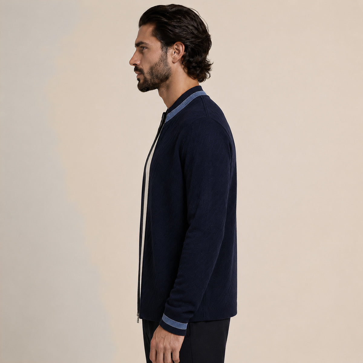 Contrast Textured Zip Wool Cardigan – Sage & Blue