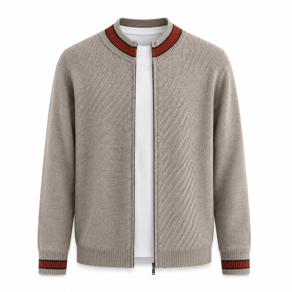 Contrast Textured Zip Wool Cardigan – Taupe & Orange