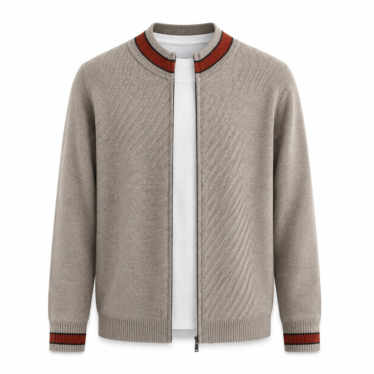 Contrast Textured Zip Wool Cardigan – Taupe & Orange