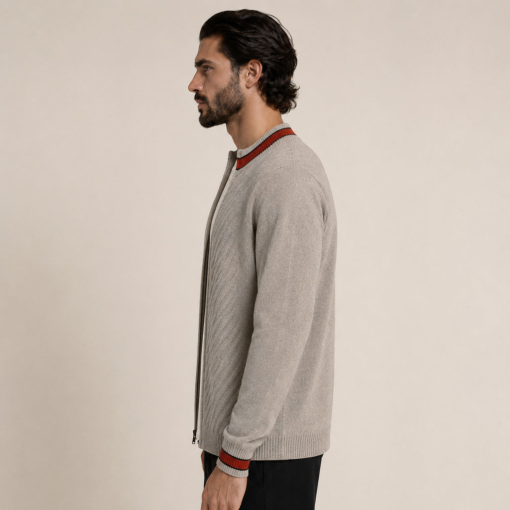 Contrast Textured Zip Wool Cardigan – Taupe & Orange