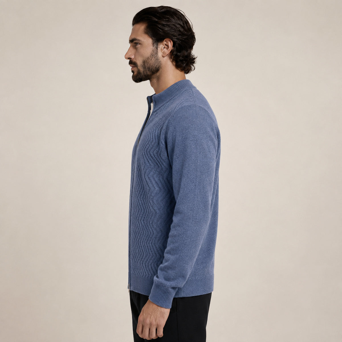 Textured Zip Wool Cardigan – Light Blue