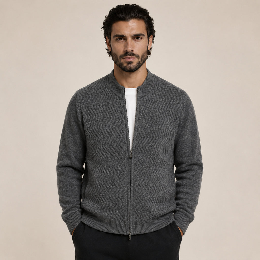 Textured Zip Wool Cardigan – Charcoal