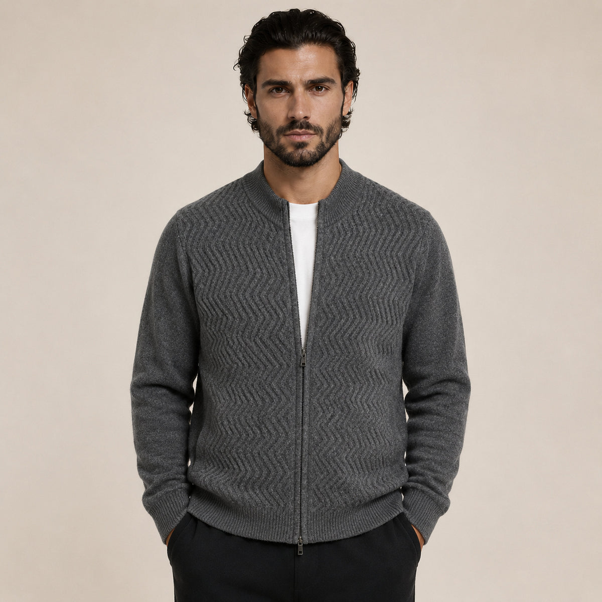 Textured Zip Wool Cardigan – Charcoal