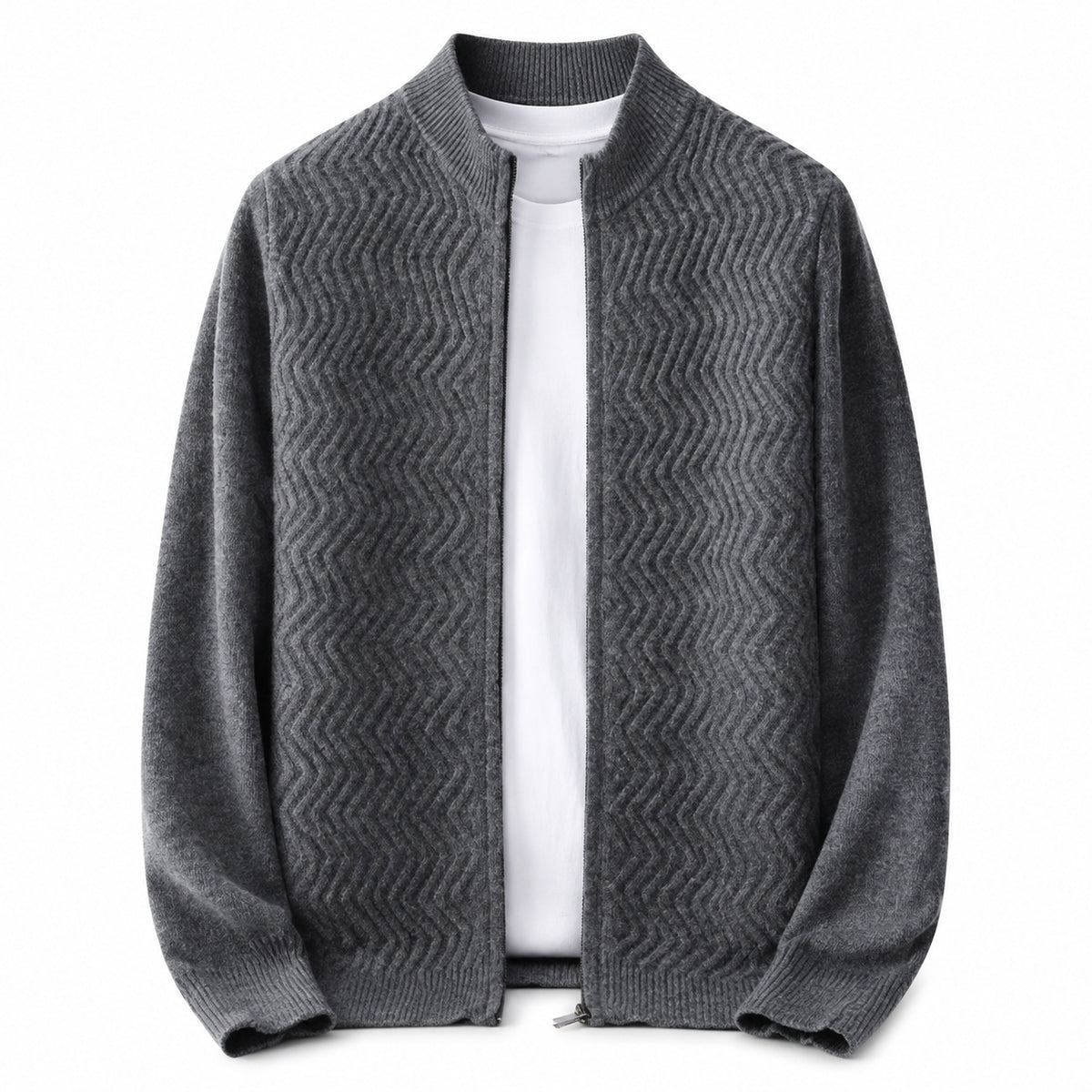 Textured Zip Wool Cardigan – Charcoal