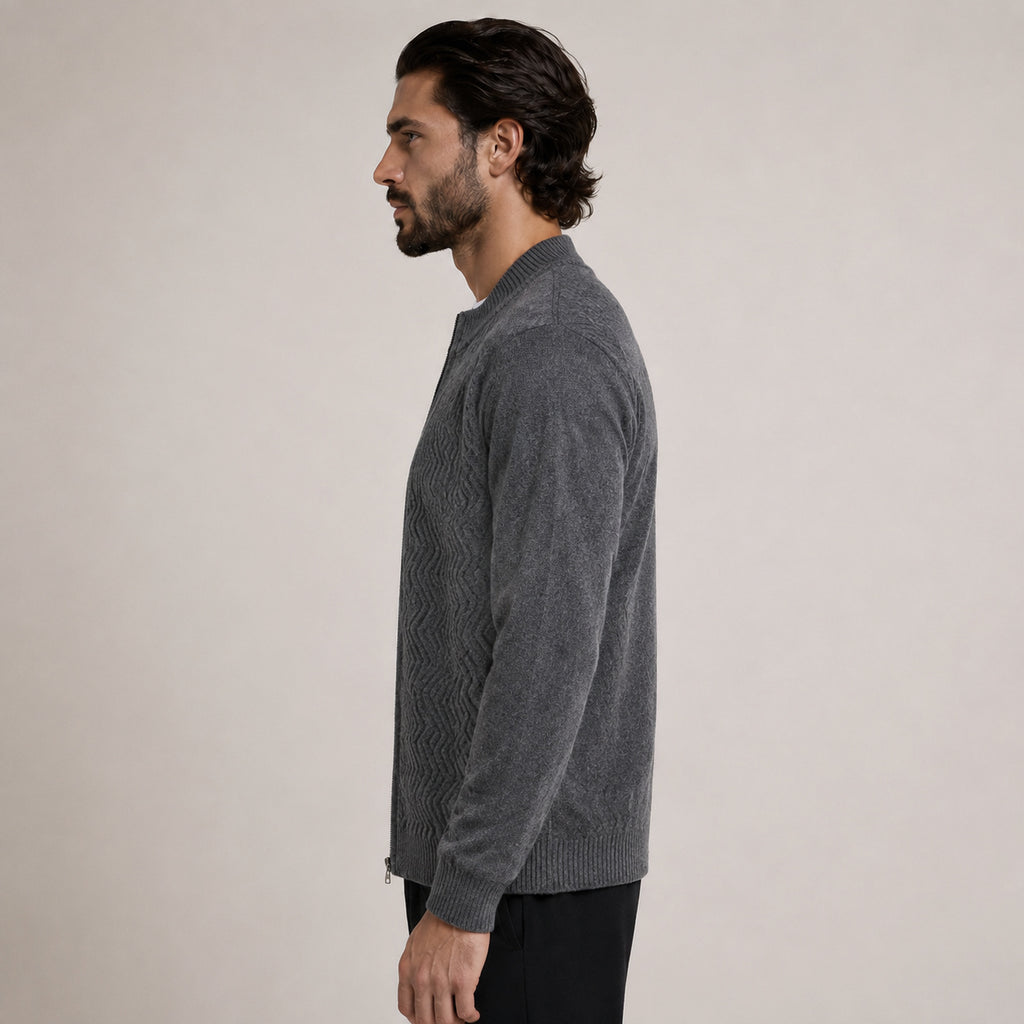 Textured Zip Wool Cardigan – Charcoal