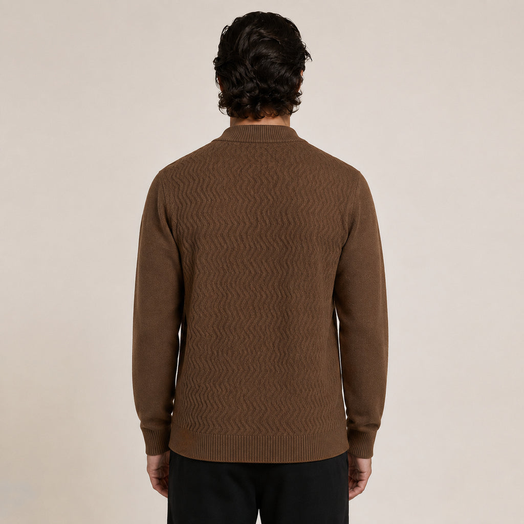 Textured Zip Wool Cardigan – Brown