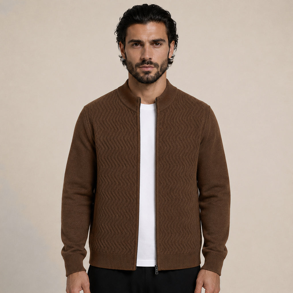 Textured Zip Wool Cardigan – Brown