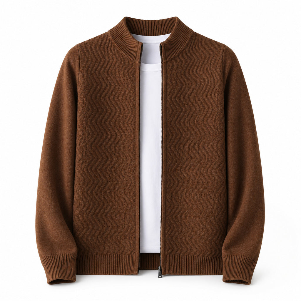 Textured Zip Wool Cardigan – Brown