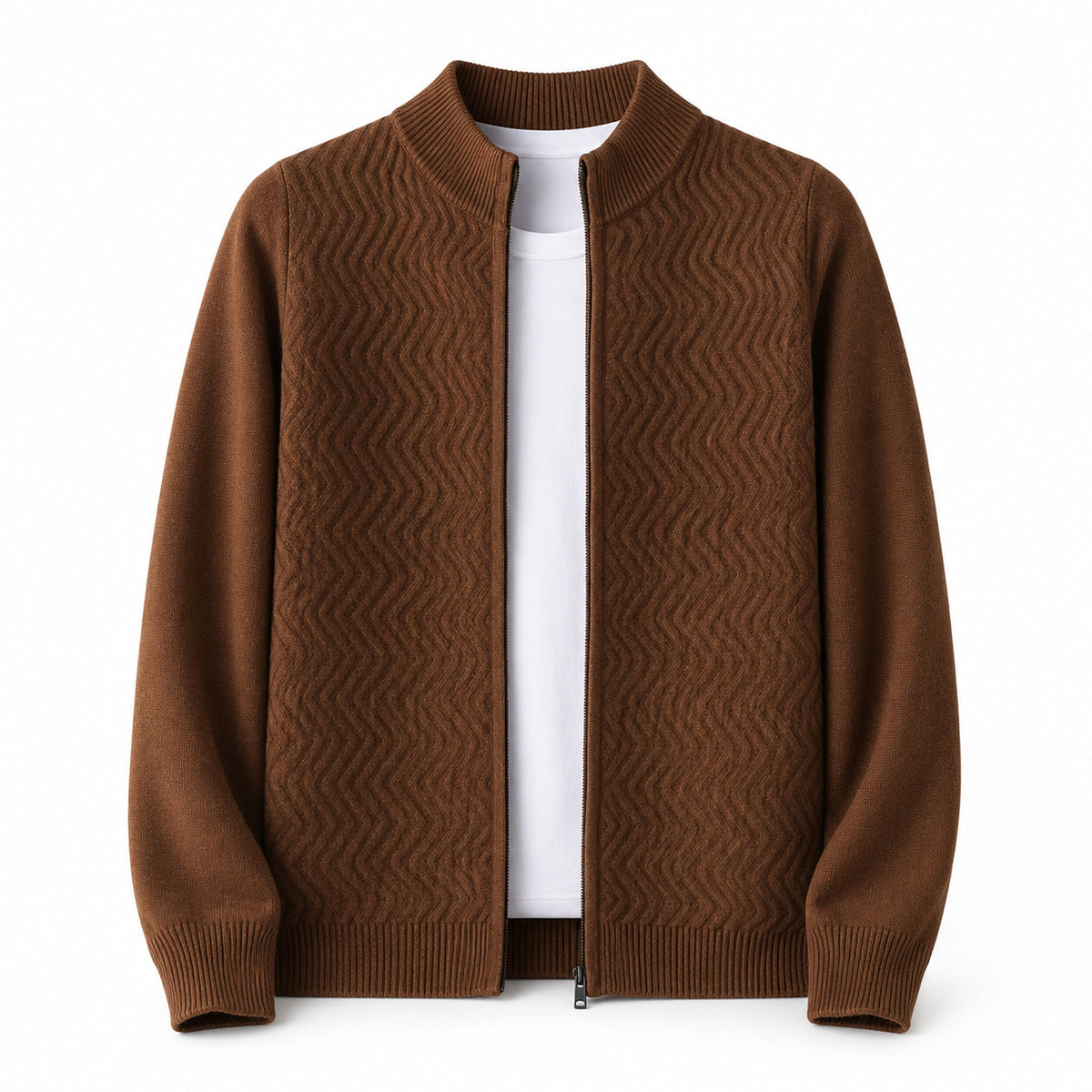 Textured Zip Wool Cardigan – Brown