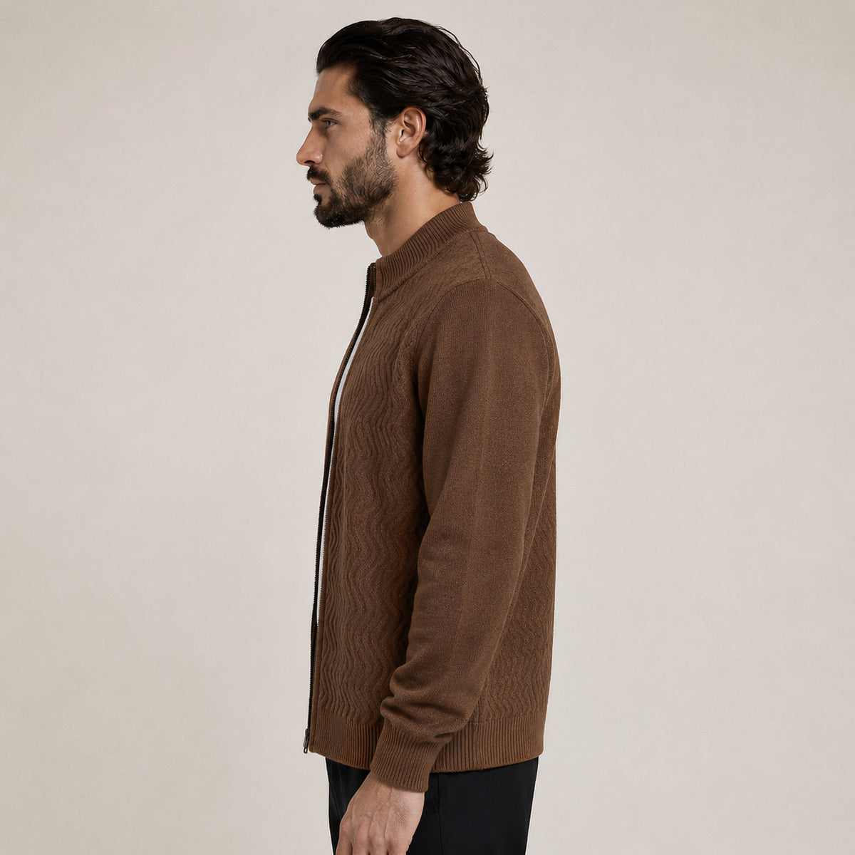 Textured Zip Wool Cardigan – Brown