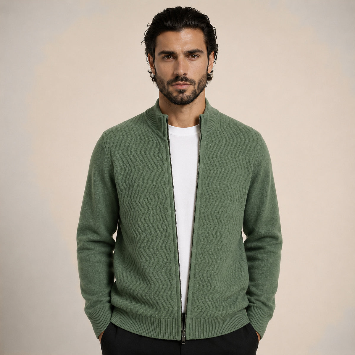 Textured Zip Wool Cardigan – Sage