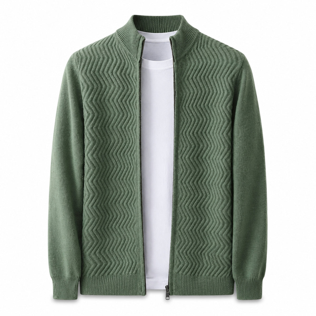 Textured Zip Wool Cardigan – Sage