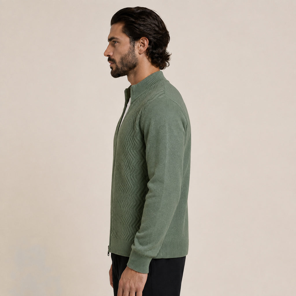 Textured Zip Wool Cardigan – Sage