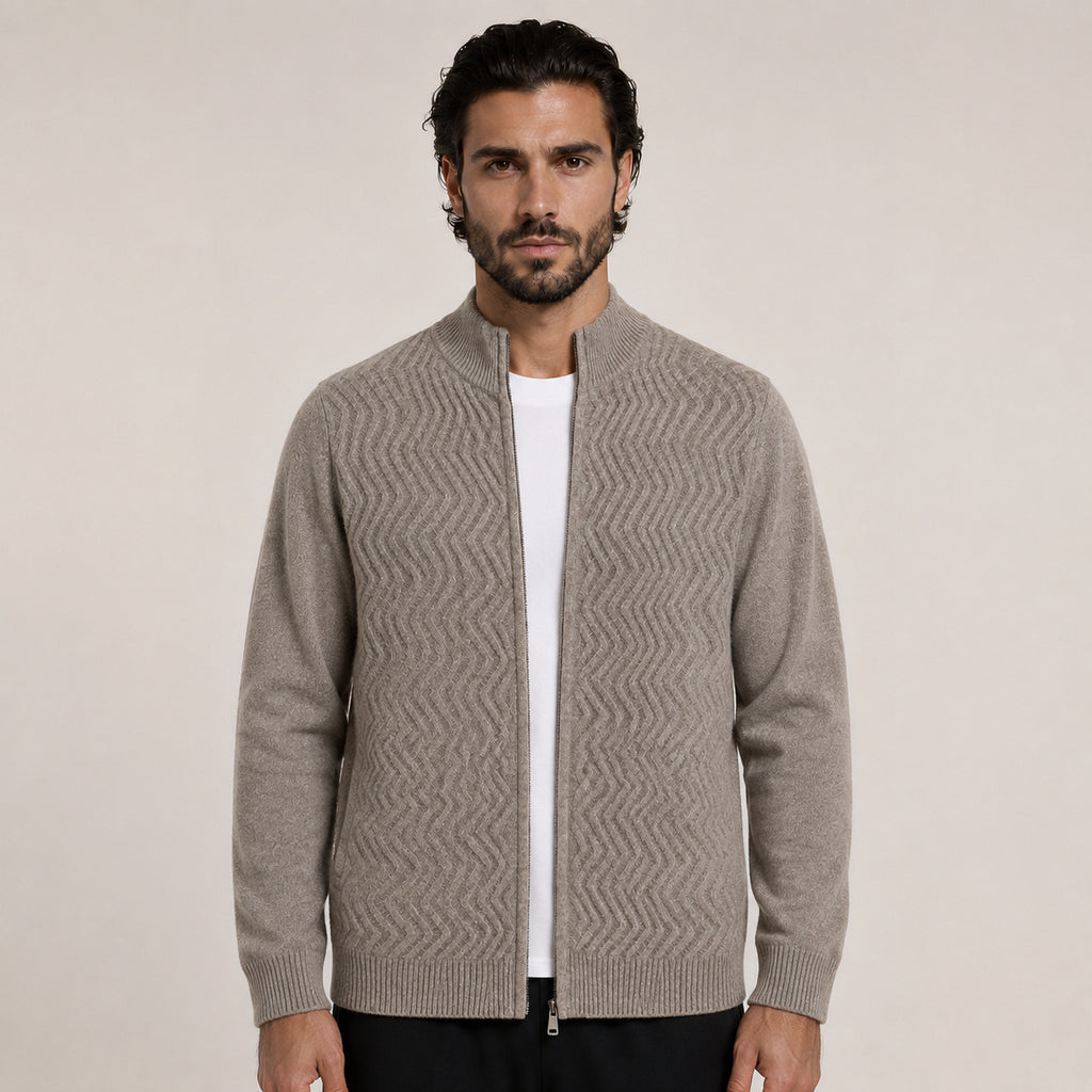 Textured Zip Wool Cardigan – Taupe