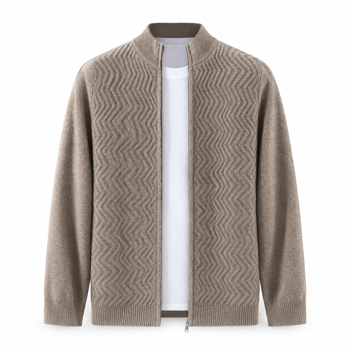 Textured Zip Wool Cardigan – Taupe