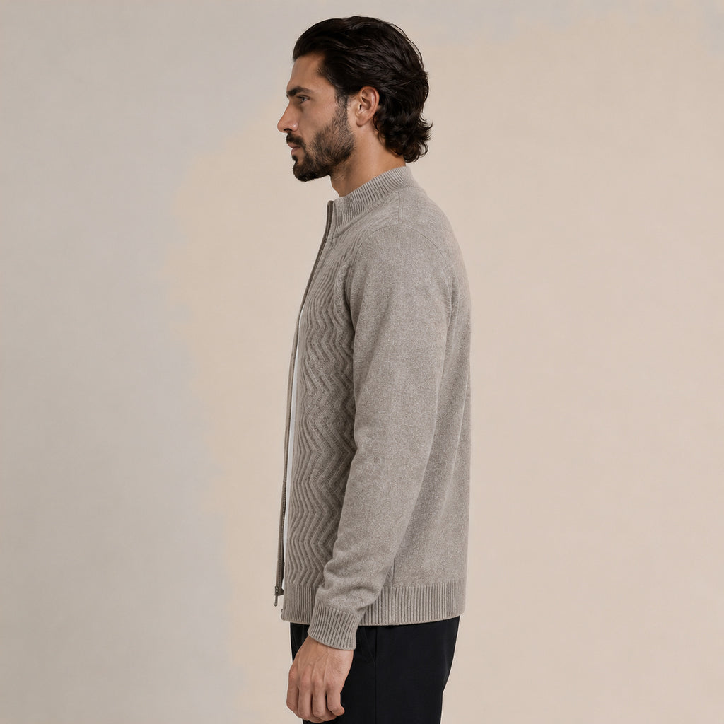 Textured Zip Wool Cardigan – Taupe
