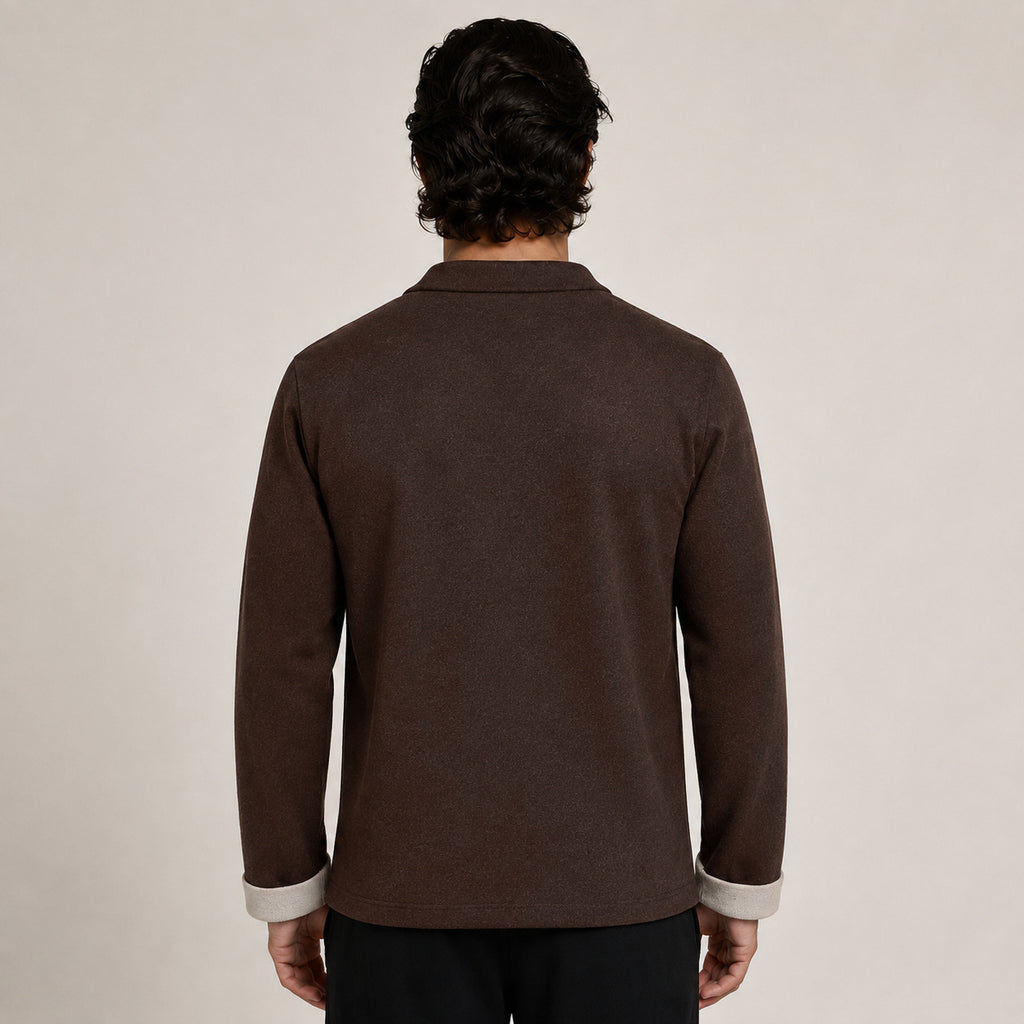 Contrast Frog-Button Wool Cardigan – Brown & Cream
