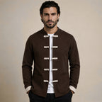 Contrast Frog-Button Wool Cardigan – Brown & Cream