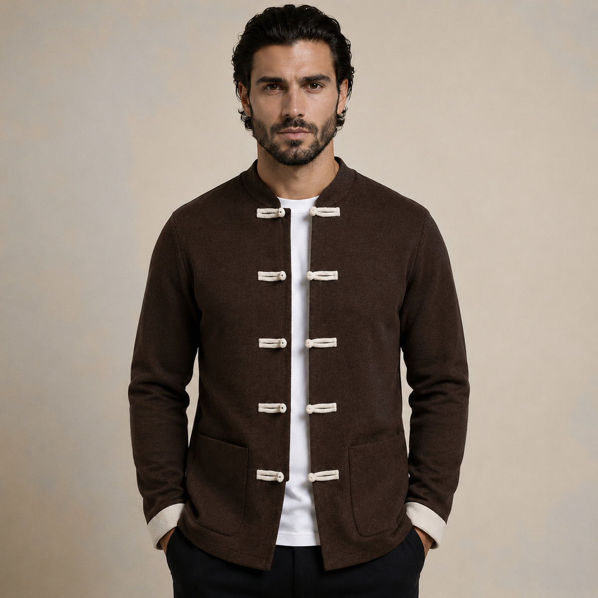 Contrast Frog-Button Wool Cardigan – Brown & Cream