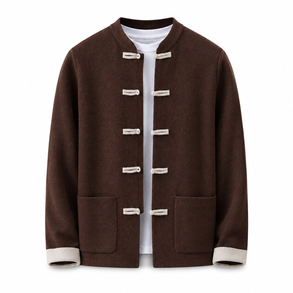 Contrast Frog-Button Wool Cardigan – Brown & Cream