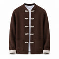 Contrast Frog-Button Wool Cardigan – Brown & Cream