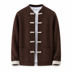 Contrast Frog-Button Wool Cardigan – Brown & Cream