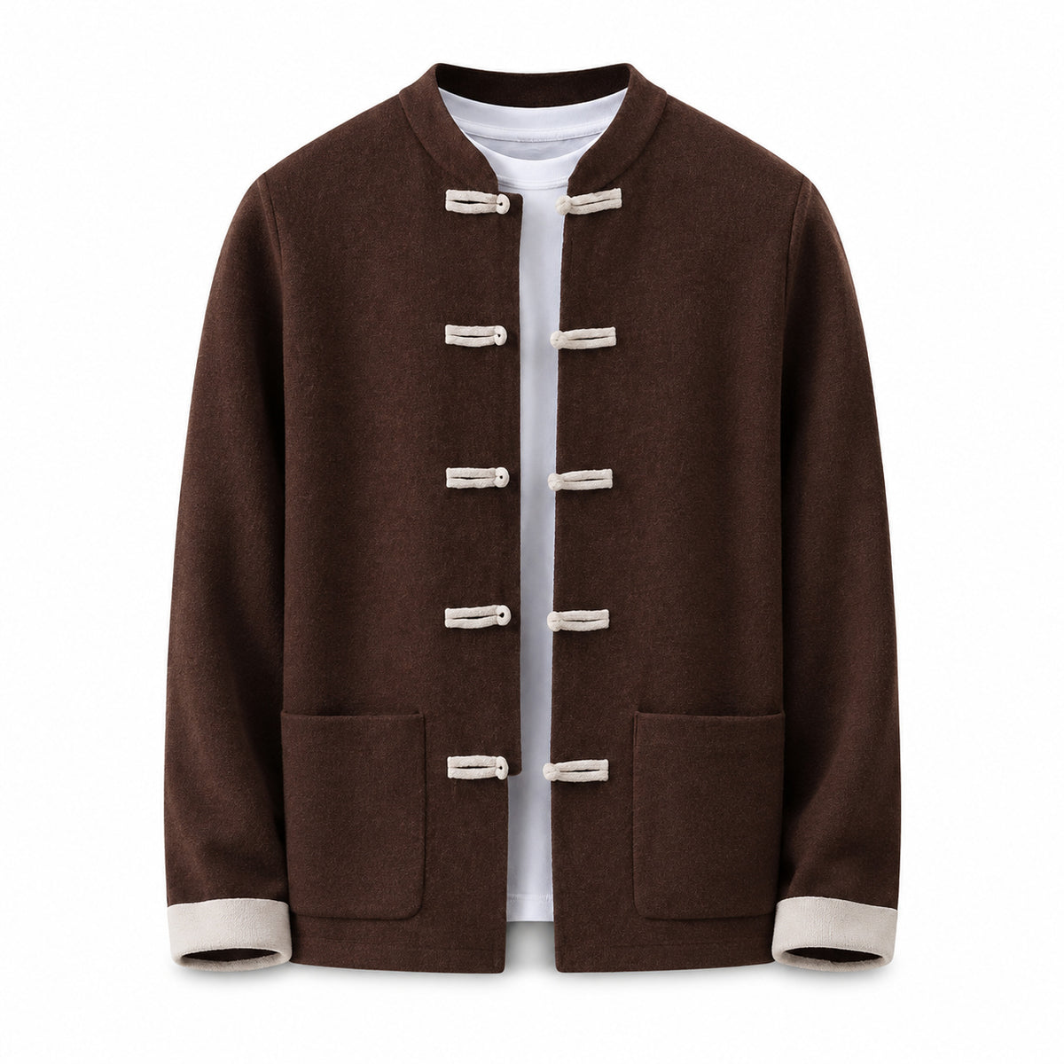 Contrast Frog-Button Wool Cardigan – Brown & Cream