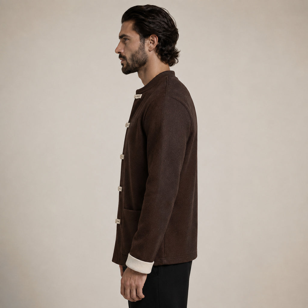 Contrast Frog-Button Wool Cardigan – Brown & Cream