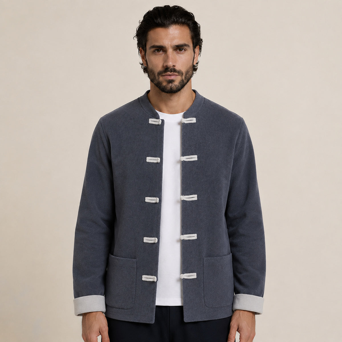 Contrast Frog-Button Wool Cardigan – Charcoal & Cream