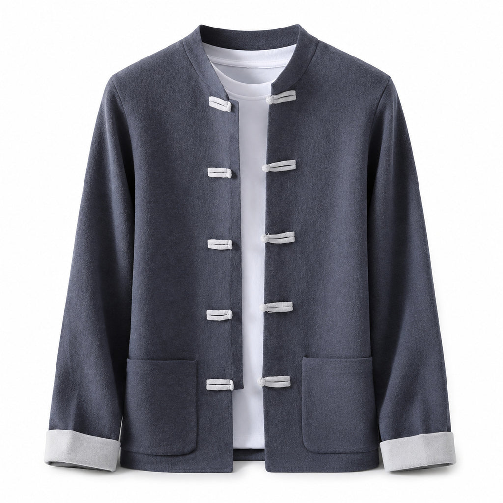 Contrast Frog-Button Wool Cardigan – Charcoal & Cream