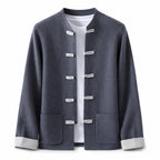 Contrast Frog-Button Wool Cardigan – Charcoal & Cream