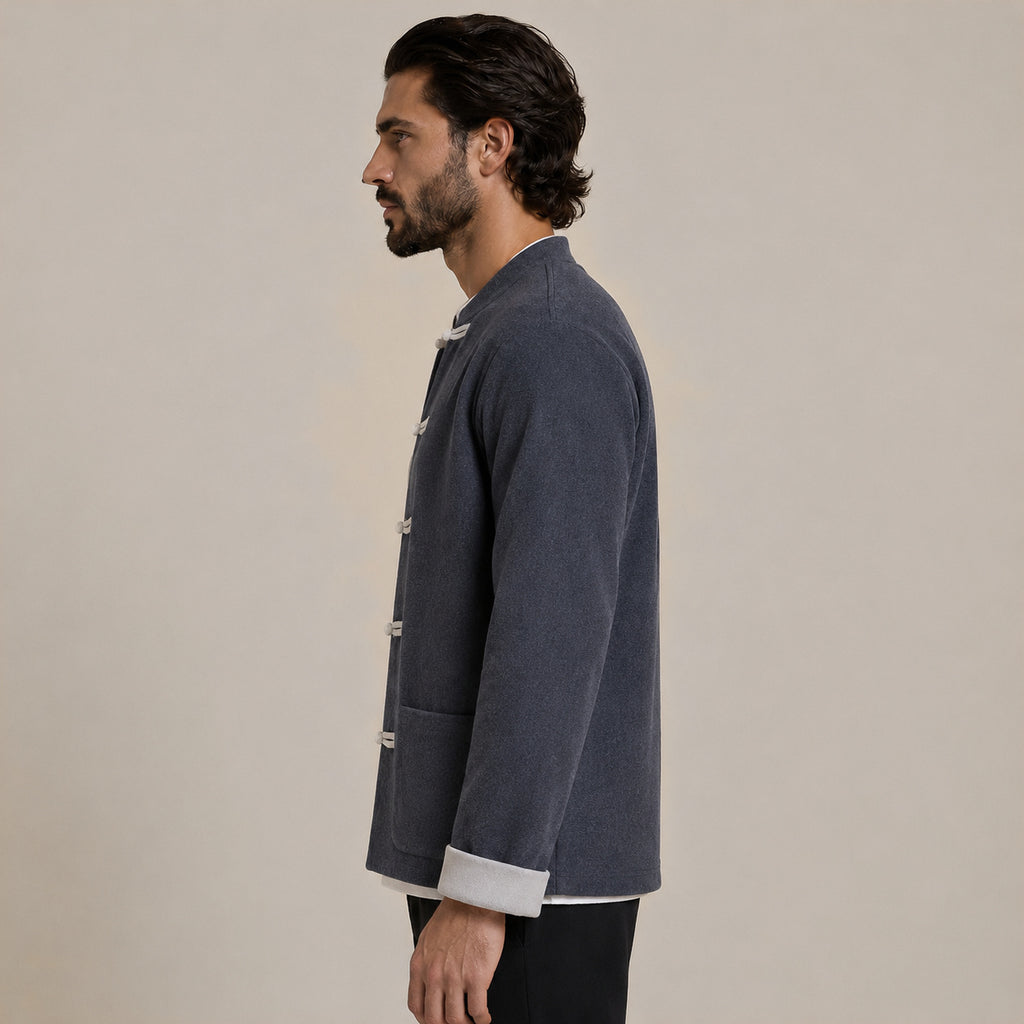 Contrast Frog-Button Wool Cardigan – Charcoal & Cream