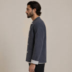 Contrast Frog-Button Wool Cardigan – Charcoal & Cream