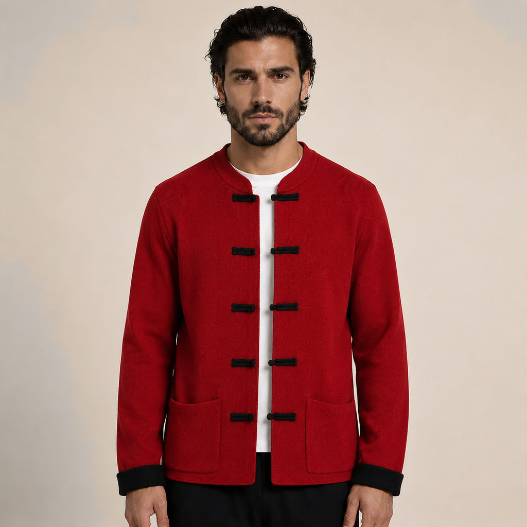 Contrast Frog-Button Wool Cardigan – Red & Black
