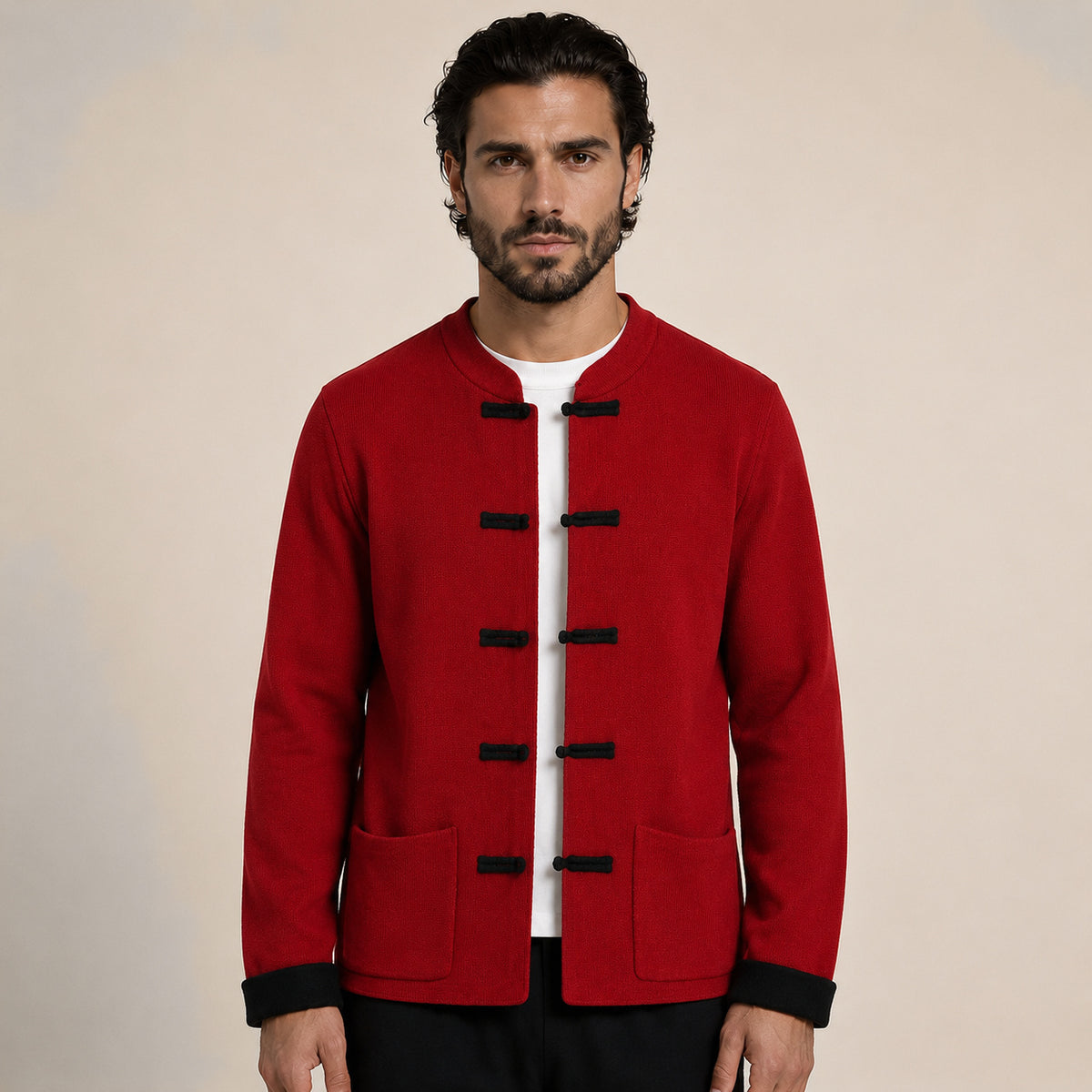 Contrast Frog-Button Wool Cardigan – Red & Black