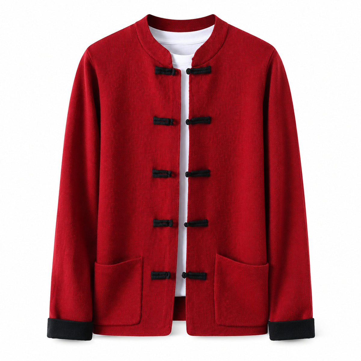 Contrast Frog-Button Wool Cardigan – Red & Black
