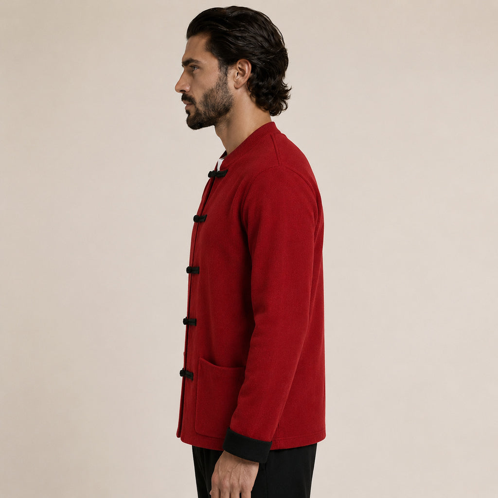 Contrast Frog-Button Wool Cardigan – Red & Black