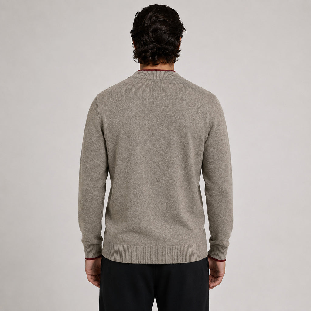 Contrast Quarter-Zip Wool Sweater – Taupe & Red