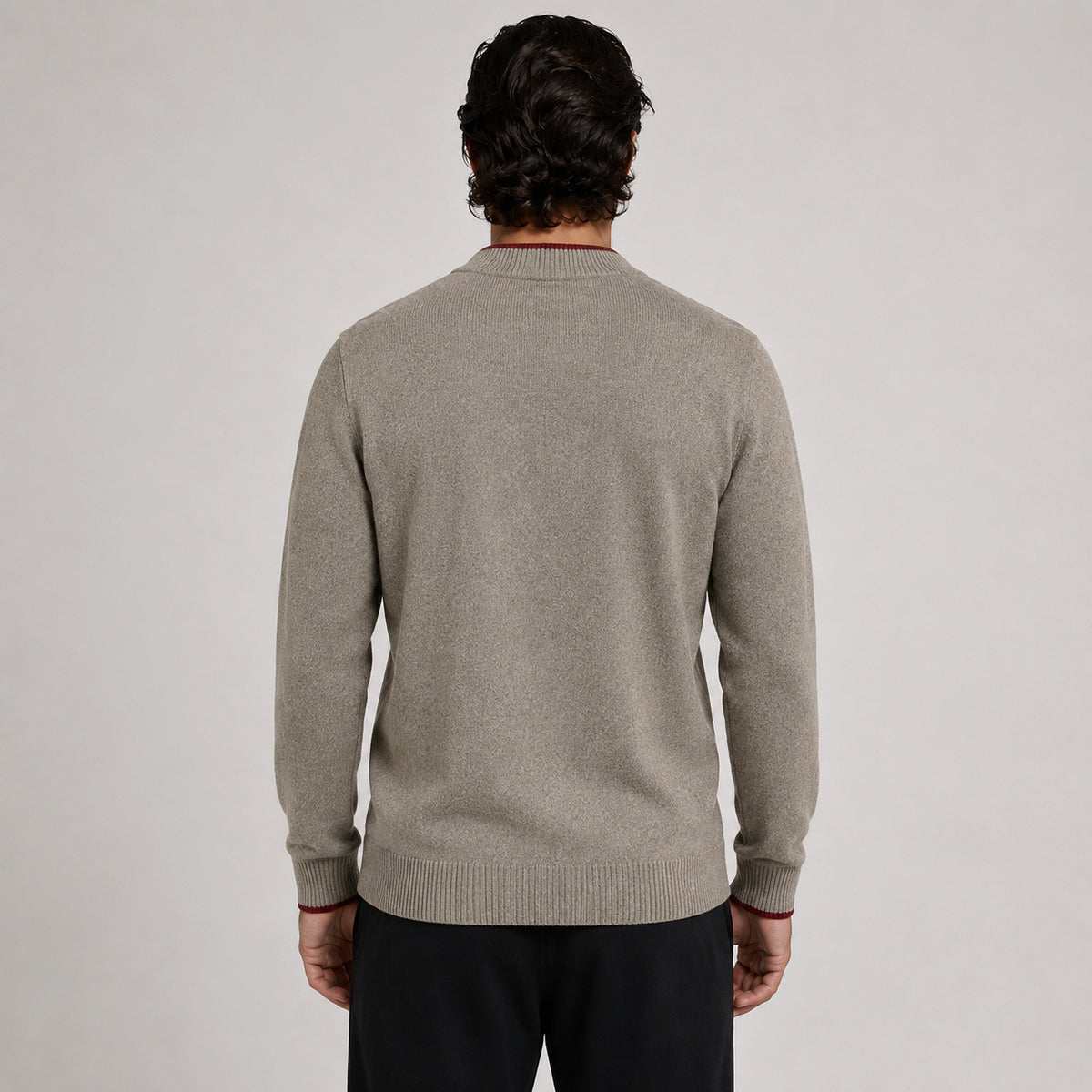 Contrast Quarter-Zip Wool Sweater – Taupe & Red