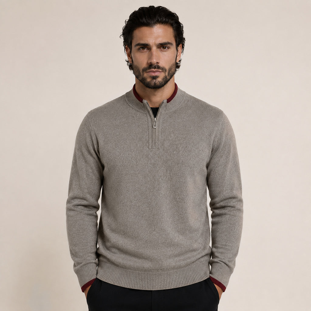 Contrast Quarter-Zip Wool Sweater – Taupe & Red